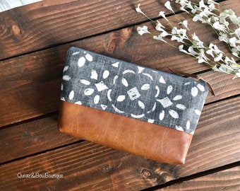 Stenciled Lace  - with Vegan Leather - Medium Make Up Bag / Cosmetic Bag / Bridesmaid Gift