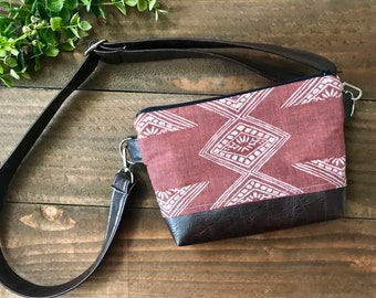 Fanny Pack - Hip Bag - Cross body Adjustable  - Tribal Marsala with Dark Brown Vegan Leather