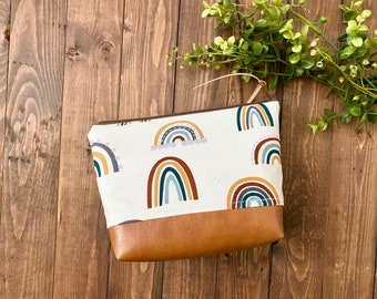 Rainbow Vibes with Vegan Leather - Cosmetic Bag - Make Up Bag - Bridesmaid Gift