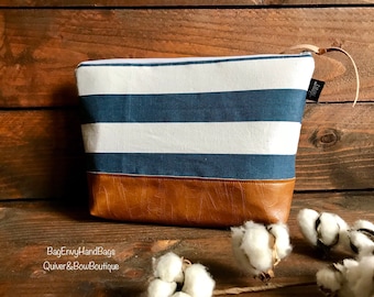 Navy Stripe with Vegan Leather - Large Make Up Bag / Diaper Clutch / Bridesmaid Gift