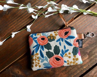 Coral Floral in Linen with Vegan Leather and Key Clip  /  Coin Pouch / Change Purse