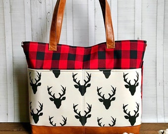 Woodland -  Buffalo Plaid- Buck - with Vegan Leather - Outside Pockets - Tote Bag /  Diaper Bag  / Large Bag