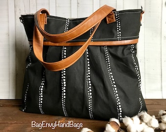 Monterey Large Tote - Diaper Bag - with Vegan Leather - In Black Beaded Stripe - or Custom Design Your own