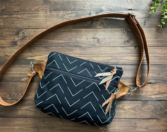 Convertible Sling Bag - Fanny Pack - Hip Bag - Shoulder Bag - Cross body Adjustable  - Black Herringbone with Vegan Leather