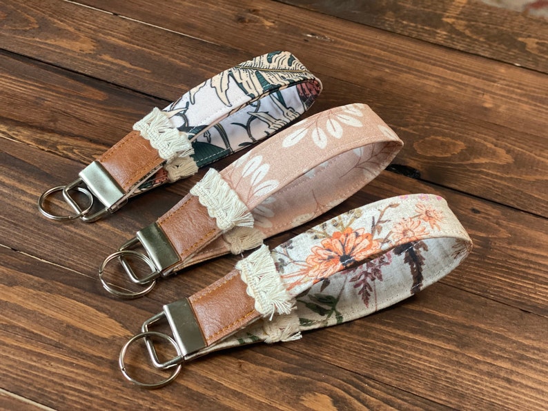 Boho Style Key Fob / Key Wristlet Floral Collection Lace with Vegan Leather Choose Your Fabric image 3