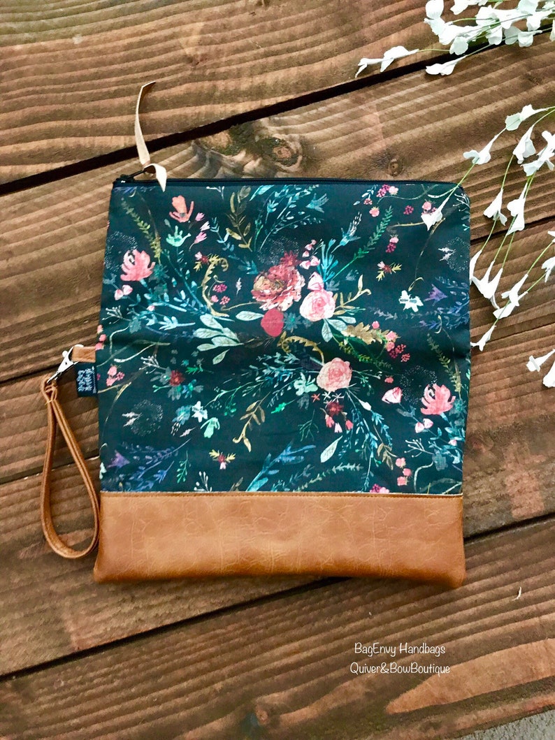 Fold Over Clutch Boho Floral in Midnight with Vegan Leather Detachable Wristlet image 3