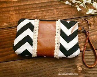 Curvy Clutch in  Black Chevron with Vegan Leather and Fringe Lace - Zippered Wristlet Clutch /  Bridesmaid Gift / Cell Phone Clutch