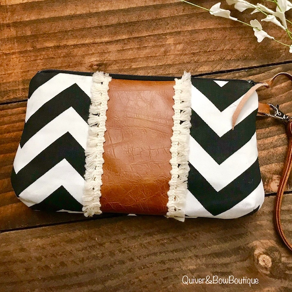 Curvy Clutch in  Black Chevron with Vegan Leather and Fringe Lace - Zippered Wristlet Clutch /  Bridesmaid Gift / Cell Phone Clutch