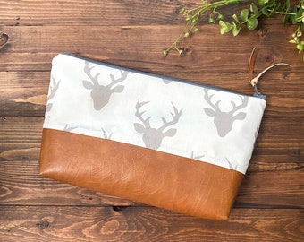 Grey Buck - with Vegan Leather - Medium Make Up Bag / Cosmetic Bag / Bridesmaid Gift