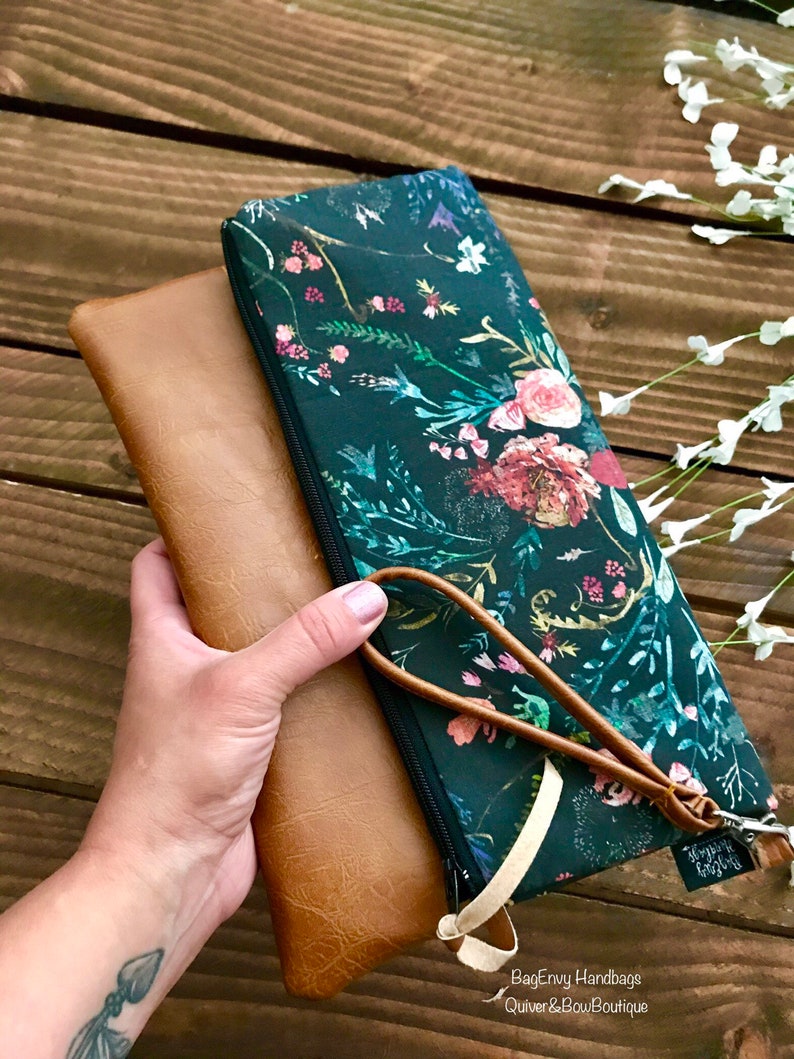 Fold Over Clutch Boho Floral in Midnight with Vegan Leather Detachable Wristlet image 2