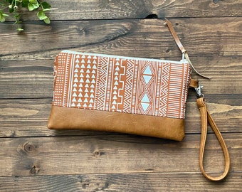 Wristlet Wallet Clutch MudCloth in Rust