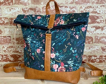 Rucksack Backpack - Travel Bag - Diaper Bag with Vegan Leather -   Boho Floral In Charcoal