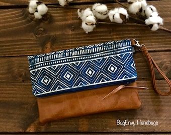 Fold Over Clutch - Stamped Aztec Mud cloth with Vegan Leather - Detachable Wristlet