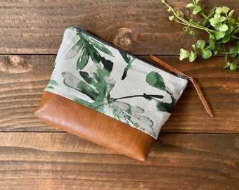 Watercolor Palms  with Vegan Leather - Cosmetic Bag - Make Up Bag - Bridesmaid Gift