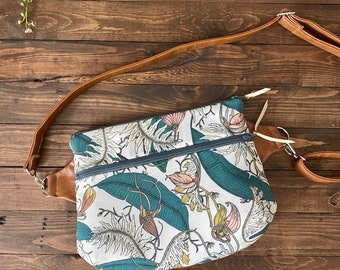 Convertible Sling Bag - Fanny Pack - Hip Bag - Shoulder Bag - Cross body Adjustable  - Orchid Garden with Vegan Leather