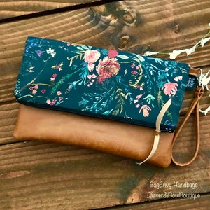 Fold Over Clutch - Boho Floral in Midnight with Vegan Leather - Detachable Wristlet