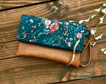 Fold Over Clutch - Boho Floral in Midnight with Vegan Leather - Detachable Wristlet