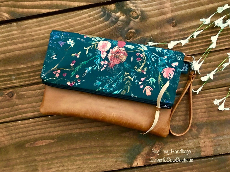 Fold Over Clutch Boho Floral in Midnight with Vegan Leather Detachable Wristlet image 1