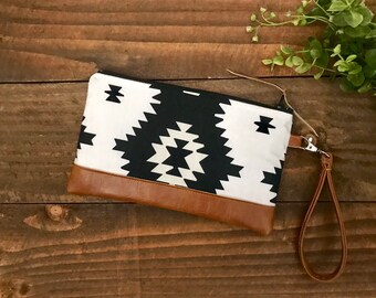 Tribal Noir with Vegan Leather - Zippered Wristlet Clutch /  Bridesmaid Gift