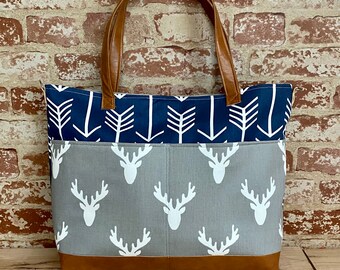 Navy Arrows with Grey Deer Head Diaper Bag  accented Vegan Leather - Outside Pockets - Tote Bag /  Diaper Bag  / Large Bag