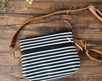 Convertible Sling Bag - Fanny Pack - Hip Bag - Shoulder Bag - Cross body Adjustable  - Black Striped with Vegan Leather