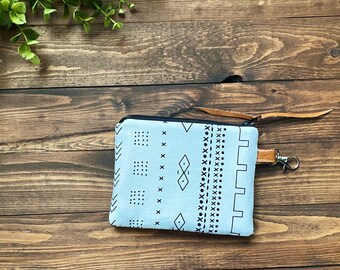 Linea MudCloth with Vegan Leather and Key Clip  /  Coin Pouch / Change Purse