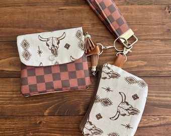 Dual Pouch Wallet Wristlet with Key Fob - Cowgirl Check