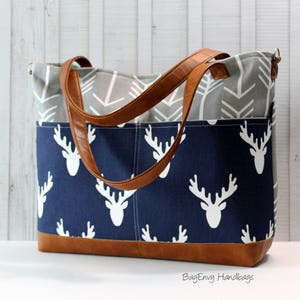 Black Arrows Grey Deer Head with Vegan Leather Outside Pockets Tote Bag / Diaper Bag / Large Bag image 6