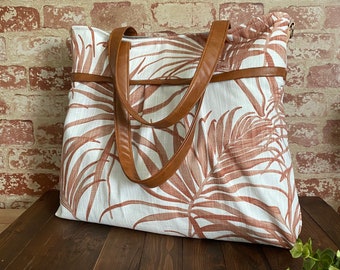 Monterey Large Tote - Diaper Bag -  with Vegan Leather - Palms in Rust