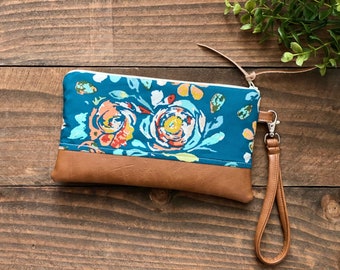 Wristlet Wallet Clutch in Teal Boho Floral