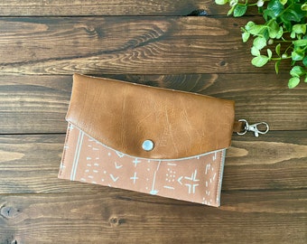 Small Snap Clutch with Swivel Clasp in Clay Mud cloth  and Vegan Leather