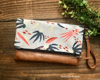 Fold Over Clutch - Boho Adobo with Vegan Leather - Detachable Wristlet