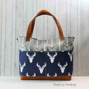 Black Arrows Grey Deer Head with Vegan Leather Outside Pockets Tote Bag / Diaper Bag / Large Bag image 5