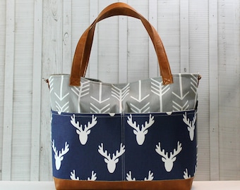 Grey Arrows - Navy Deer Head with Vegan Leather - Outside Pockets - Tote Bag /  Diaper Bag  / Large Bag