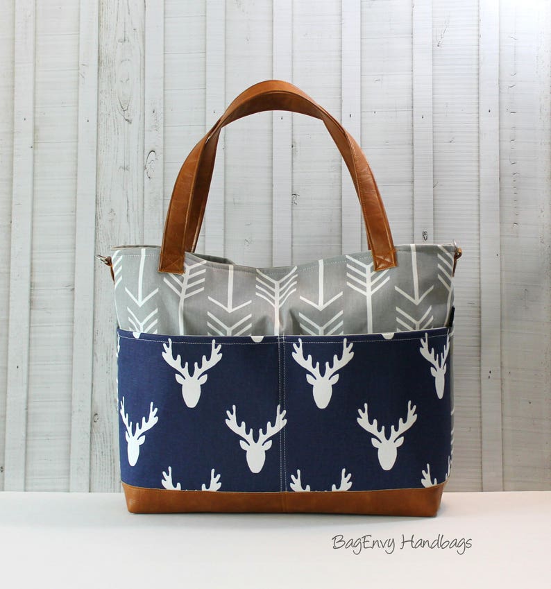 Black Arrows Grey Deer Head with Vegan Leather Outside Pockets Tote Bag / Diaper Bag / Large Bag image 5