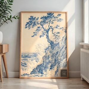 Japanese Waterfall Wall Art Print, Serene Nature Decor for Living Room, Zen Landscape Painting  Style Home Interior Tranquil Gift Idea Lover