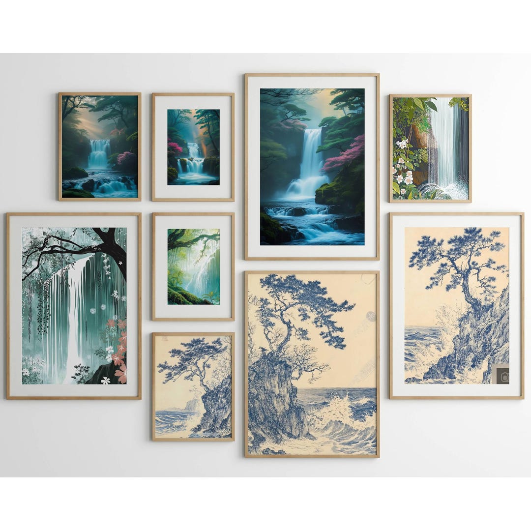 Set of 9 Japanese Waterfall Art Print Set: Zen Landscape, Minimalist ...
