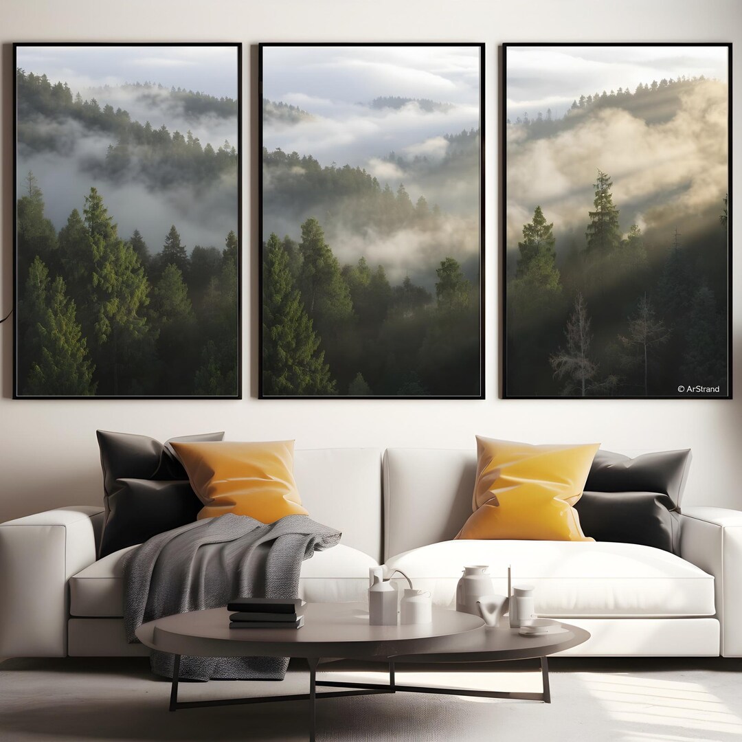 Misty Forest Triptych Wall Art | Sunrise Nature Landscape Prints ...