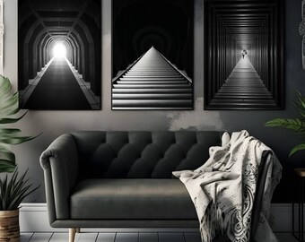 Optical Illusion Art Prints: Black and White Tunnel, Set of 3 (Digital Download)