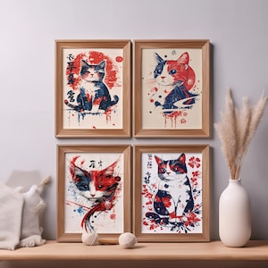 Set of 4 Japanese Cat Wall Art Print, Japanese Style Cat Decor, Minimalist Animal Illustration, Modern Home Art, Gift for Cat Lovers Digital