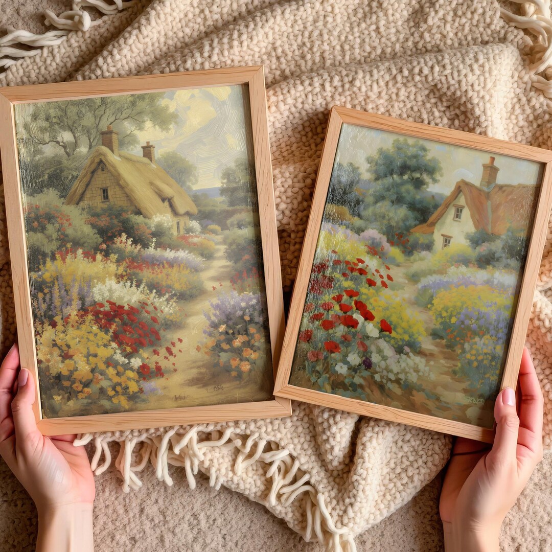 Countryside Cottage Garden Wildflowers Art Prints, Vintage Landscape ...