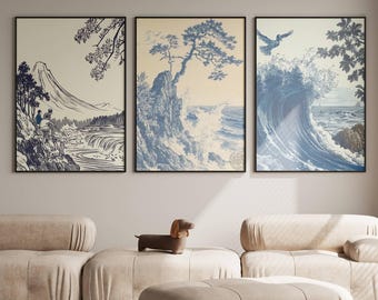 日本の滝を描いたプリント3枚セット：アジアの禅風景ウォールアート（デジタルダウンロード）