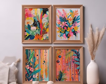 Set of 4 Abstract Floral Print Set: Tropical Botanical Wall Art (Digital Download)