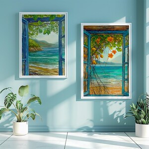 Peut inclure: Deux peintures à l'aquarelle encadrées représentent des fenêtres ouvertes donnant sur une scène côtière. L'une montre une vue de la mer et de la plage à travers un cadre de fenêtre bleu. L'autre présente des fleurs oranges et des citrons.