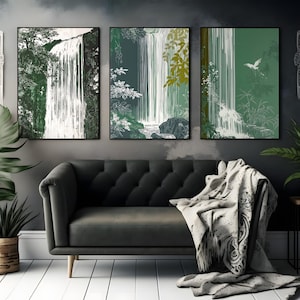 Juego de 3 impresiones artísticas de cascada japonesa para pared, decoración del hogar con un toque de naturaleza serena, póster relajante para meditación, pintura de estilo asiático.