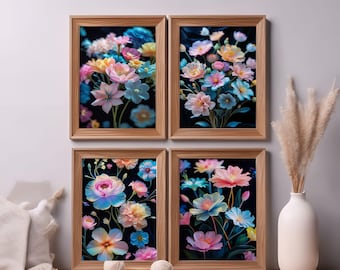 ヴィンテージフラワーブーケプリント4枚セット：植物イラスト、素朴な装飾（デジタルダウンロード）