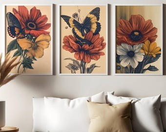 Set of 3 Vintage Flower Prints Set: Watercolor Botanical Art (Digital Download)