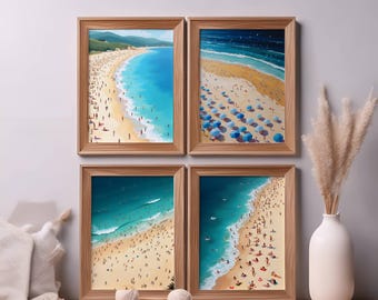 May include: Four framed beach art prints. Each print features a vibrant beach scene with turquoise water, golden sand, and numerous people. The frames are made of light-colored wood. The artwork evokes a sense of summer and leisure.