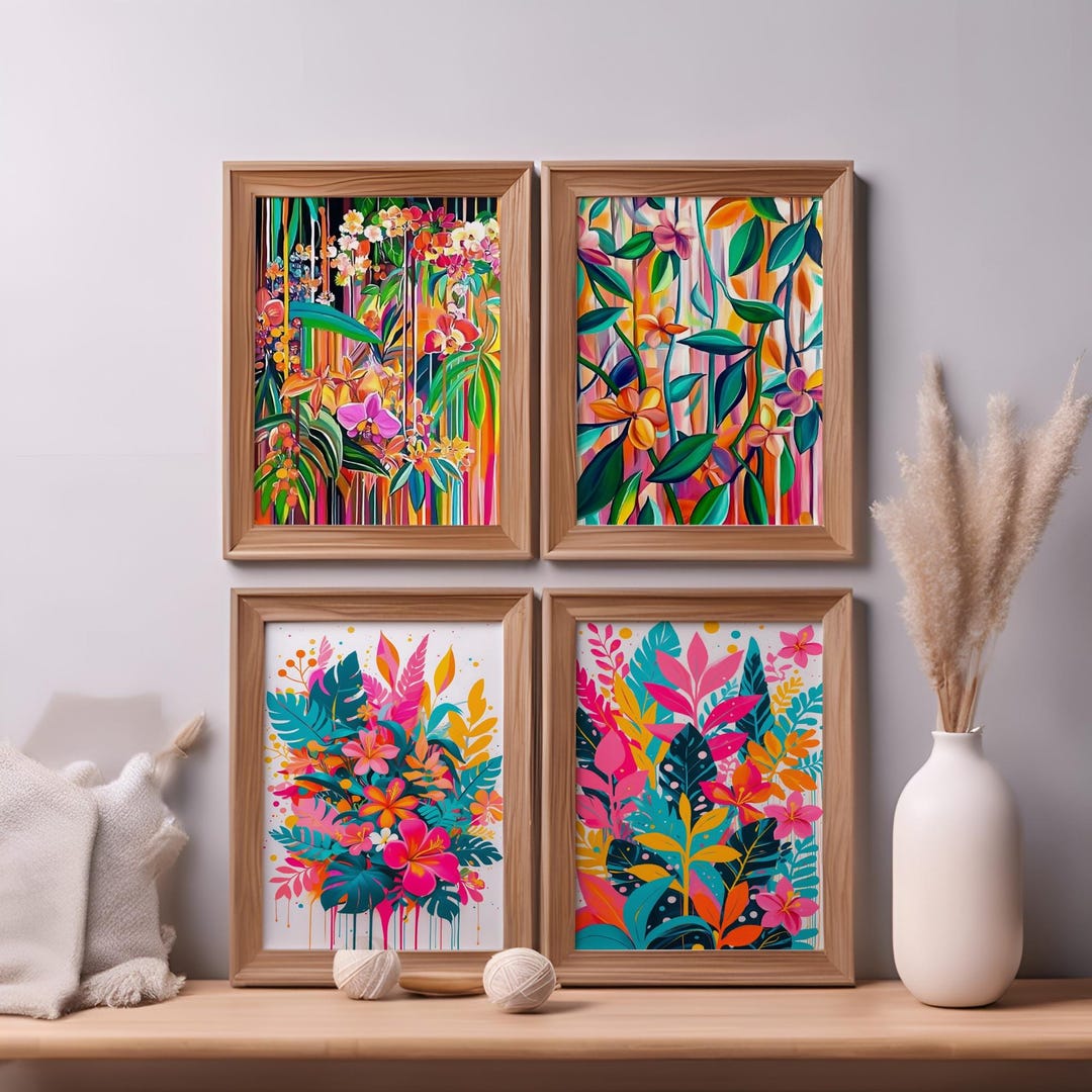 Abstract Floral Print Set of 4 : Tropical Botanical Wall Art (digital ...