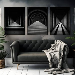 Set of 3 Black and White Tunnel Wall Art Print, Optical Illusion Poster, Modern Geometric Home Decor, Abstract Black Artwork for Living Room